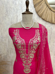 Pitta Work Mul Chanderi Unstitched Suit Set