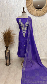 Pitta Work Mul Chanderi Unstitched Suit Set