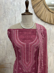 Lucknowi Chikankari & Pearl Work Georgette Unstitched Suit Set