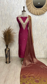 Tissue Silk Unstitched Suit Set With Embroidered Neckline