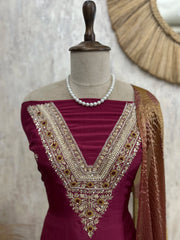 Tissue Silk Unstitched Suit Set With Embroidered Neckline