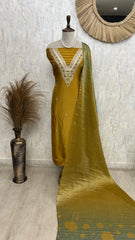 Tissue Silk Unstitched Suit Set With Embroidered Neckline