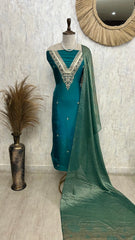 Tissue Silk Unstitched Suit Set With Embroidered Neckline