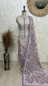 Linen Unstitched Suit Set With Leaf Motifs On Hemline