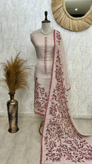 Linen Unstitched Suit Set With Leaf Motifs On Hemline