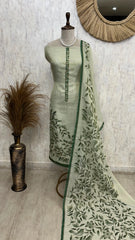 Linen Unstitched Suit Set With Leaf Motifs On Hemline