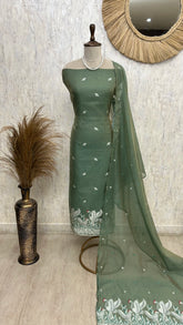 Linen Unstitched Suit Set With Flamingo Woven Motifs