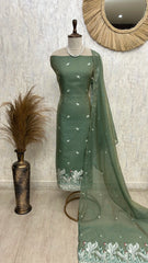 Linen Unstitched Suit Set With Flamingo Woven Motifs