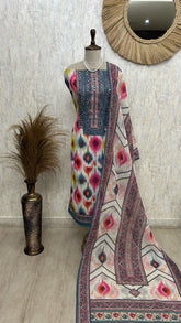 Linen Unstitched Suit Set With Mirror Work