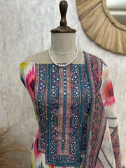 Linen Unstitched Suit Set With Mirror Work