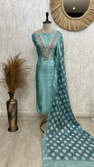 Tussar Silk Unstitched Suit Set Featuring Zardosi Work