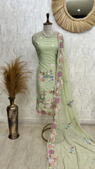 Mul Chanderi Unstitched Suit Set With Flamingo Motif On Hem