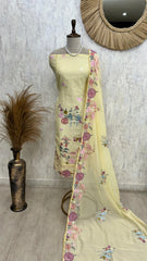 Mul Chanderi Unstitched Suit Set With Flamingo Motif On Hem