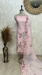 Mul Chanderi Unstitched Suit Set With Flamingo Motif On Hem