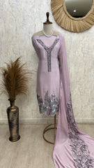 Mul Chanderi Unstitched Suit Set With Scalping Work