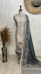 Thread Embroidered Tussar Silk Unstitched Suit Set