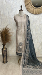 Thread Embroidered Tussar Silk Unstitched Suit Set