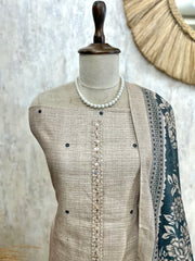 Thread Embroidered Tussar Silk Unstitched Suit Set