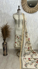 Linen Unstitched Suit Set Featuring Motifs With Kantha