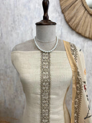 Linen Unstitched Suit Set Featuring Motifs With Kantha