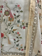 Linen Unstitched Suit Set Featuring Motifs With Kantha