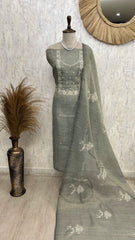 Tissue Unstitched Suit Set Featuring White Thread Embroidery