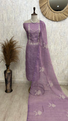 Tissue Unstitched Suit Set Featuring White Thread Embroidery