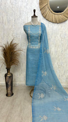 Tissue Unstitched Suit Set Featuring White Thread Embroidery