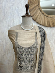 Linen Unstitched Suit Set With Handwork