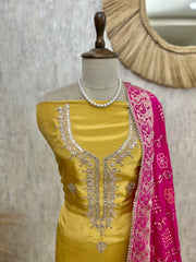 Tissue Unstitched Suit Set With Bandhni Dupatta