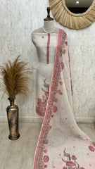 Linen Unstitched Suit Set With Kantha Motifs