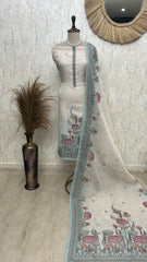 Linen Unstitched Suit Set With Kantha Motifs