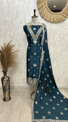 Dola SIlk Unstitched Suit Set With Peacock Figures