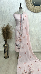 Linen Unstitched Suit Set With Handwork