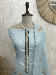 Linen Unstitched Suit Set With Handwork