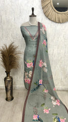 Linen Unstitched Suit Set With Kantha Work