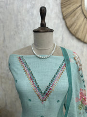 Linen Unstitched Suit Set With Kantha Work