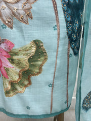 Linen Unstitched Suit Set With Kantha Work