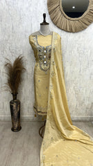 Beige embroidered saree on a mannequin against a textured wall.