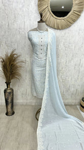 Linen Unstitched Suit Set With Thread Embroidery