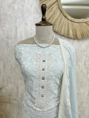 Linen Unstitched Suit Set With Thread Embroidery