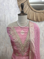 Tissue Unstitched Suit Set With Organza Dupatta