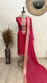 Red Organza Unstitched Suit Set With Organza Dupatta