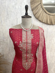 Red Organza Unstitched Suit Set With Organza Dupatta