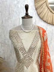 Jacquard Silk Unstitched Suit Set With Organza Dupatta