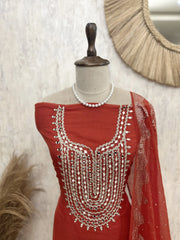 Mul Chanderi Unstitched Suit Set Featuring Mukesh Work