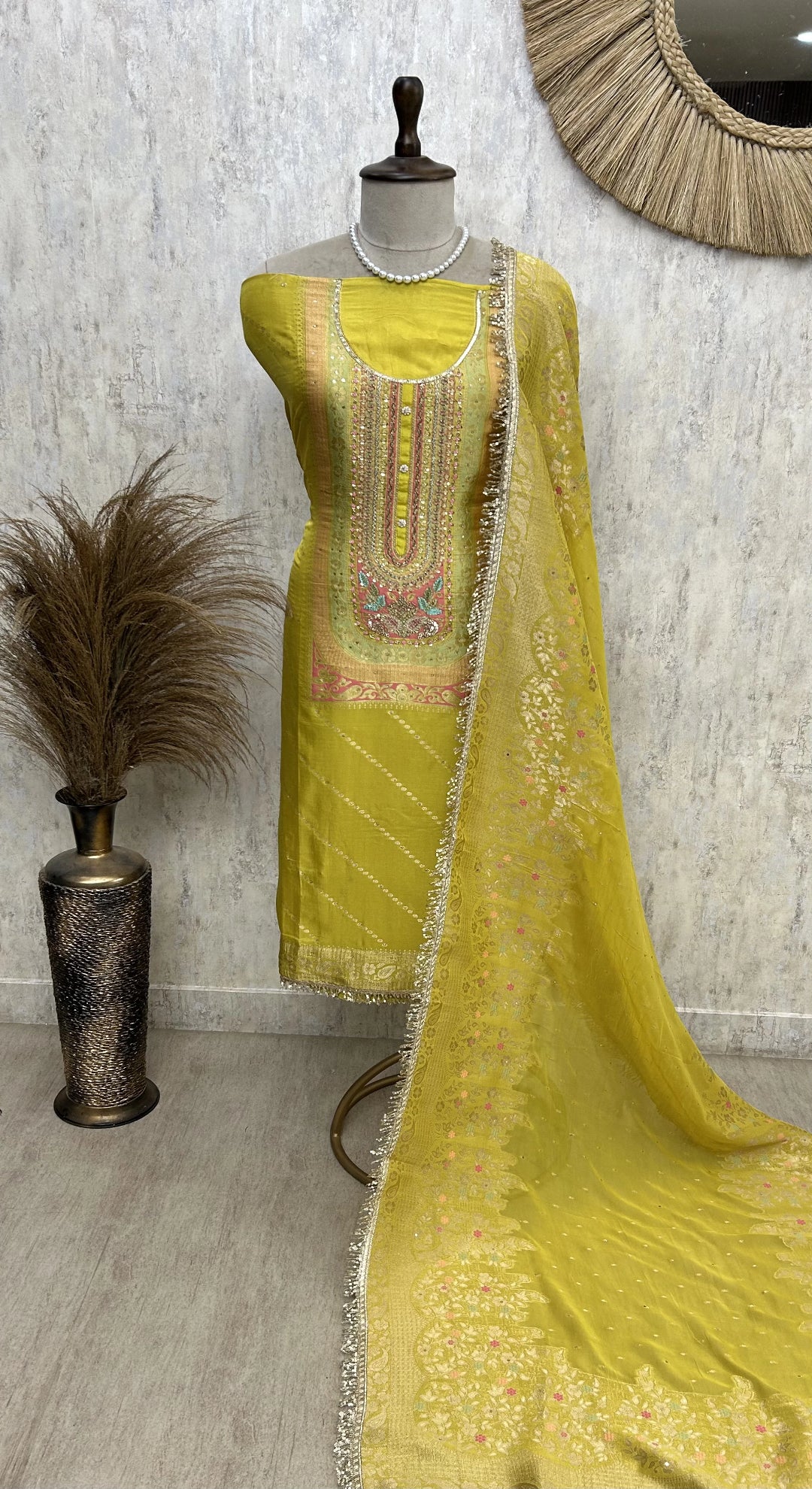 "Buy Unstitched Suit Set Online â€“ Mustard Yellow Banarasi Silk Suit with Embroidered Neckline and Zari Woven Dupatta"