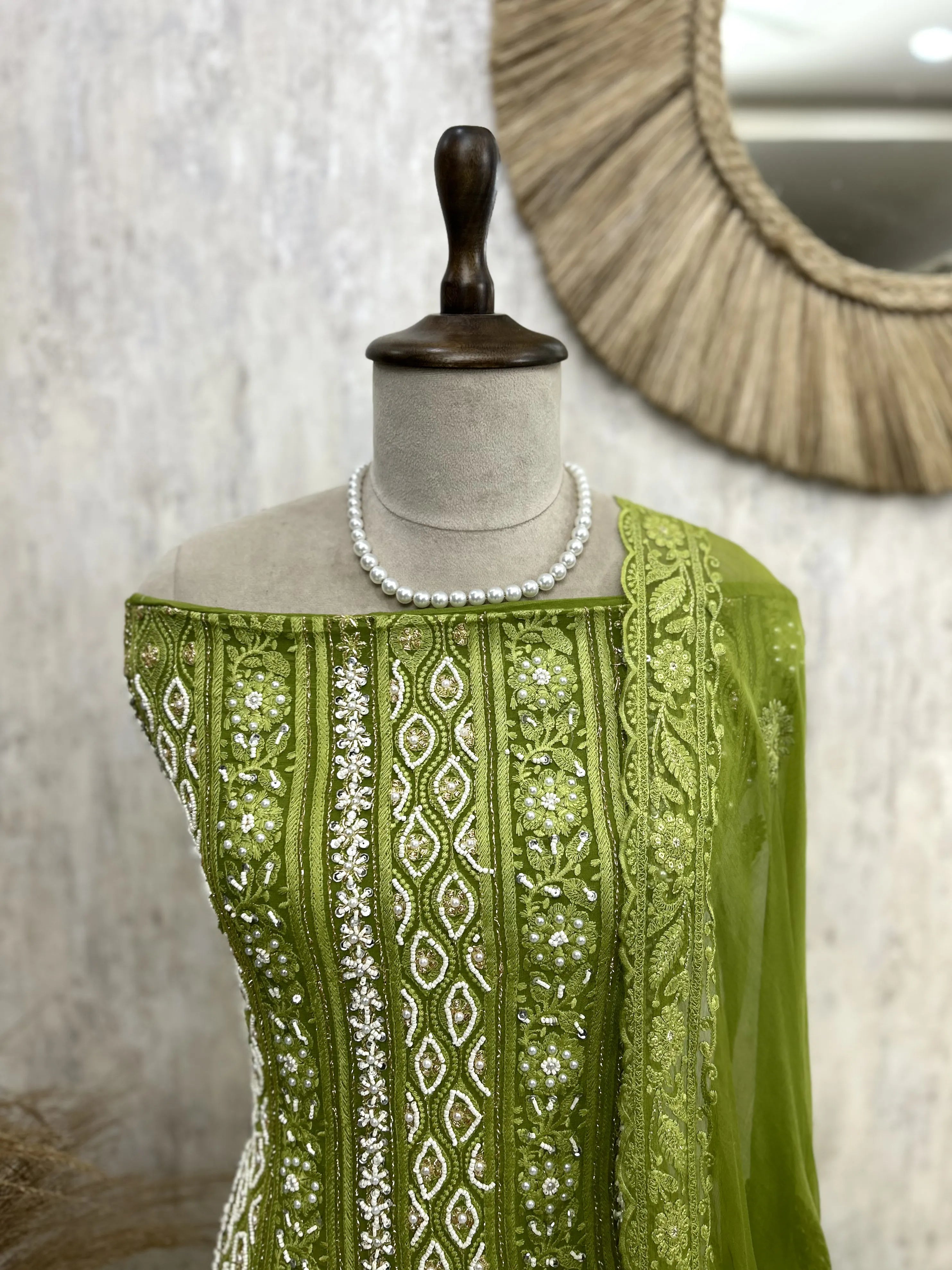 Lucknowi Pearl Work Georgette Unstitched Suit Set