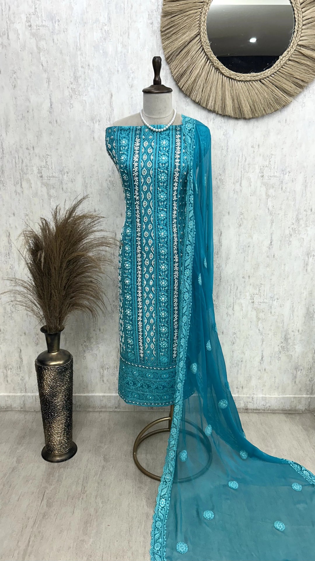 Lucknowi Pearl Work Georgette Unstitched Suit Set