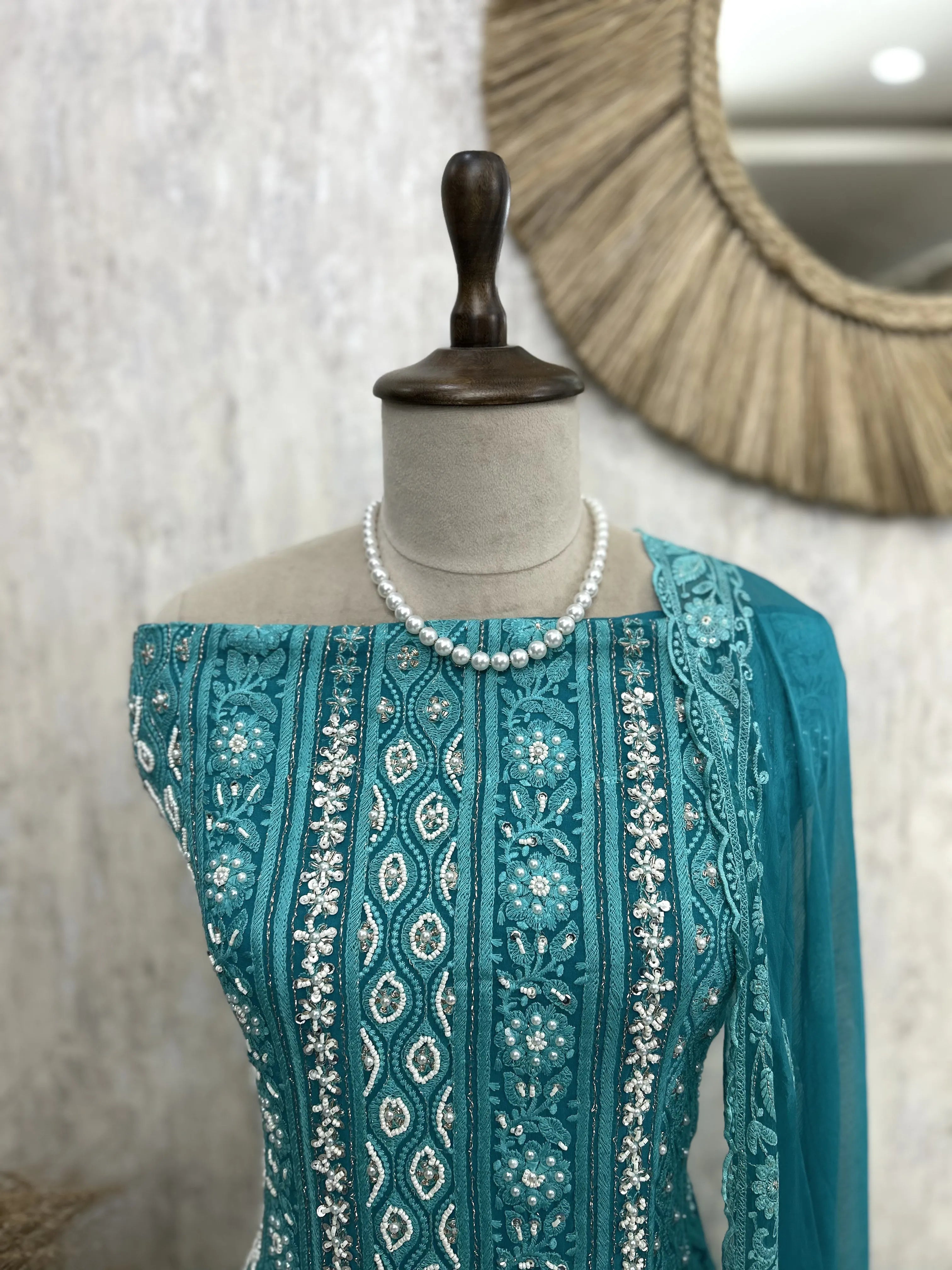 Lucknowi Pearl Work Georgette Unstitched Suit Set